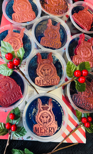 Winter krampus jelly soap and bubble bath topped with krampus soap