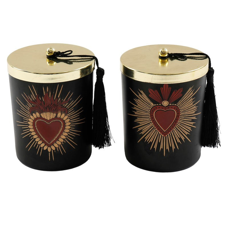 Sacred heart black and gold glass candle